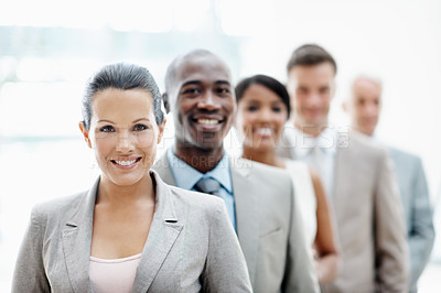 Buy stock photo Group, row and woman with portrait in office for accounting firm, tax professionals and confidence. Finance department, team leader or happy people in line for budget expertise, integrity or about us