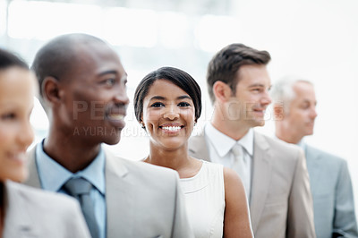 Buy stock photo Office, portrait and business woman with team for financial agency, career and job opportunity. Corporate, colleagues and happy person for about us, company pride and ambition for finance consulting