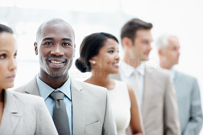Buy stock photo Row, portrait and business man in lobby with team for financial agency, career and opportunity. Corporate, colleagues and happy person for about us, company pride and ambition for finance consulting