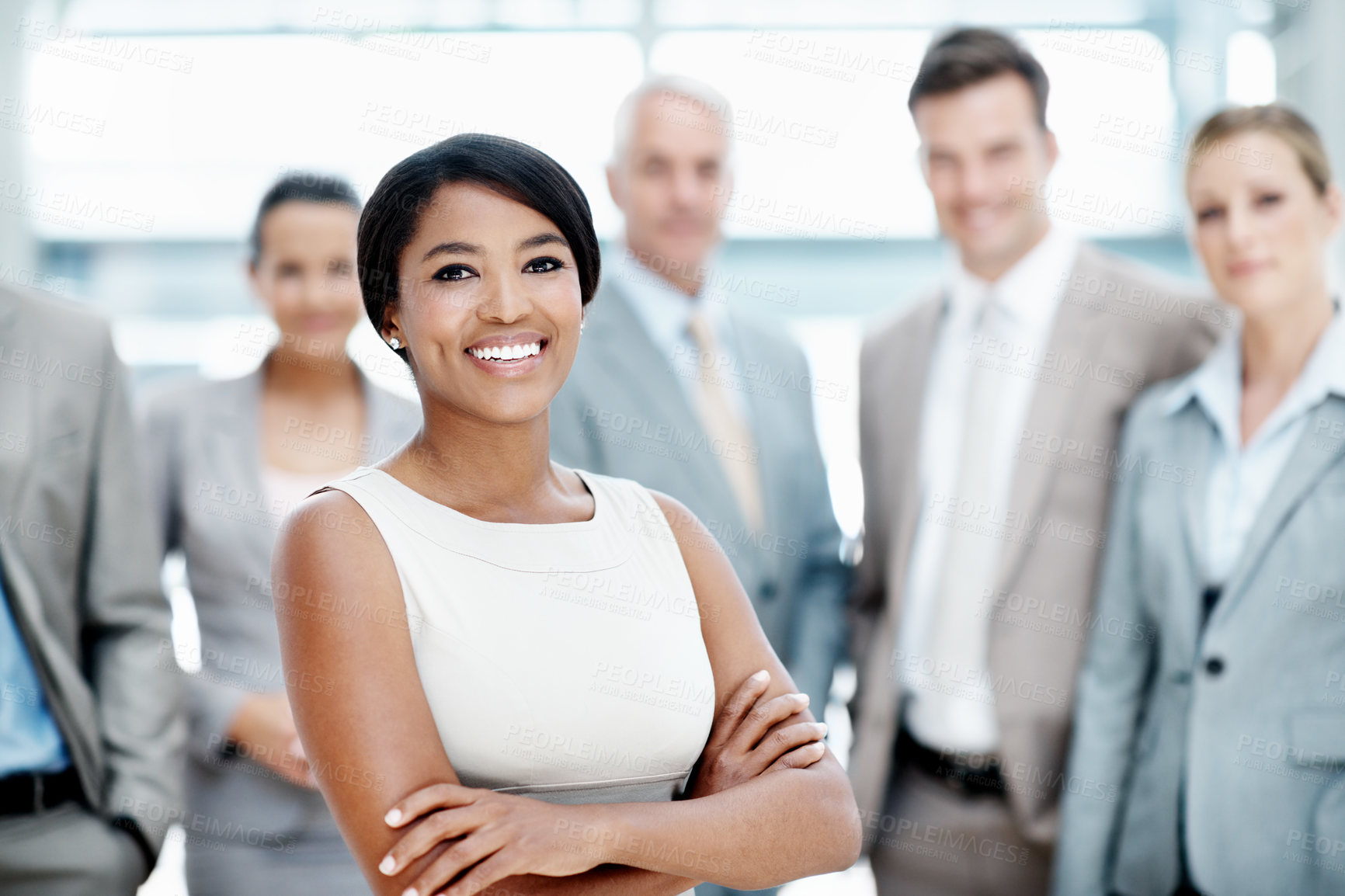 Buy stock photo Arms crossed, portrait or business woman with group in lobby for career, about us or financial conference. Consultant, team and proud advisor in office with ambition, corporate event or opportunity