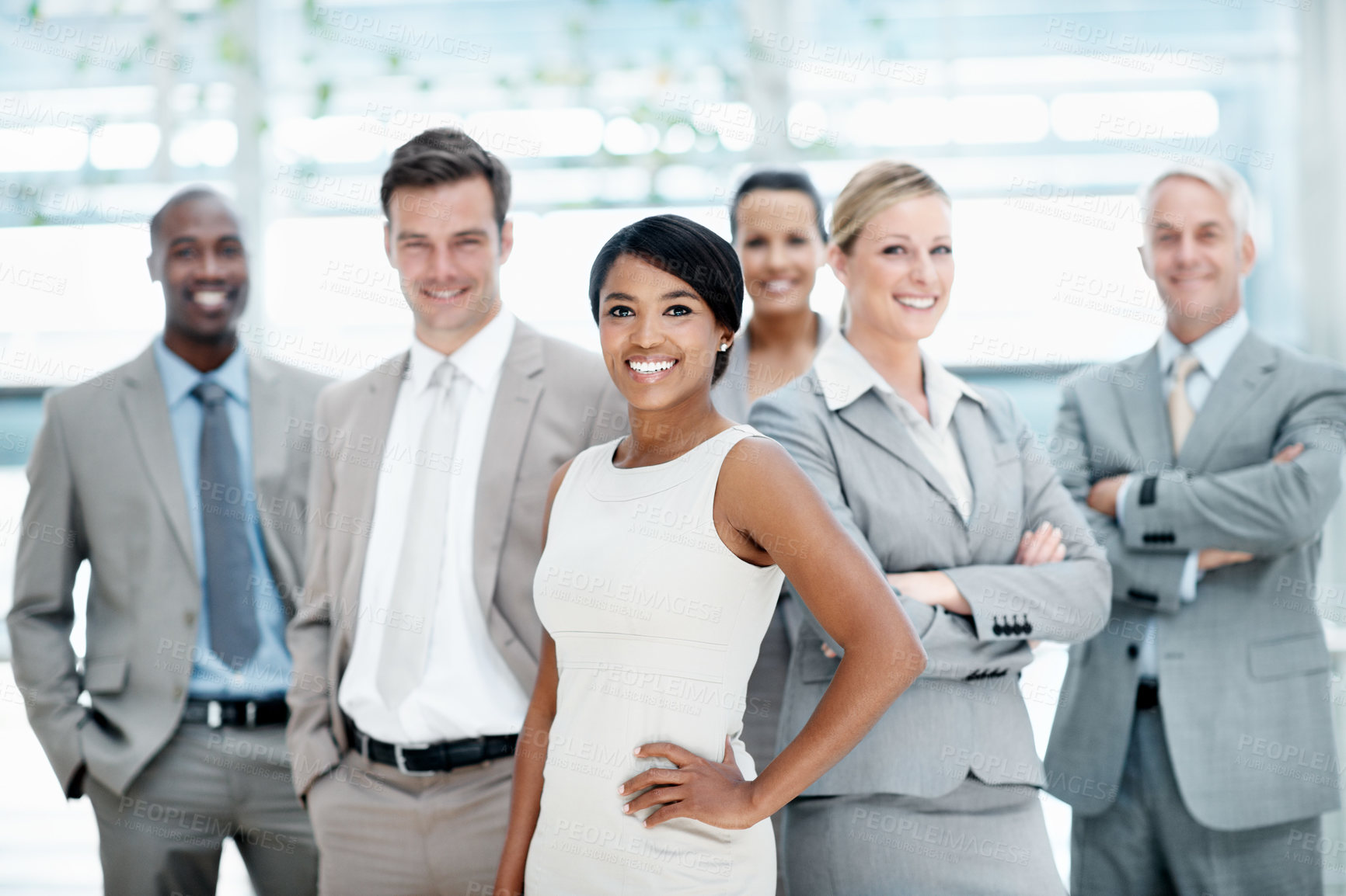 Buy stock photo Smile, portrait or business people with group in lobby for career, about us or financial conference. Consultant, team and proud advisor in office with ambition, corporate event or opportunity