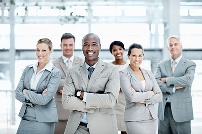 Buy stock photo Happy, portrait and group with arms crossed in office, leadership or team with financial development. Corporate, business people and solidarity with colleagues, smile and collaboration for project