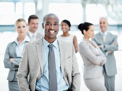 Buy stock photo Smile, portrait or businessman with staff in lobby for career, about us or financial conference. Consultant, team and proud finance advisor in office with ambition, corporate event or opportunity