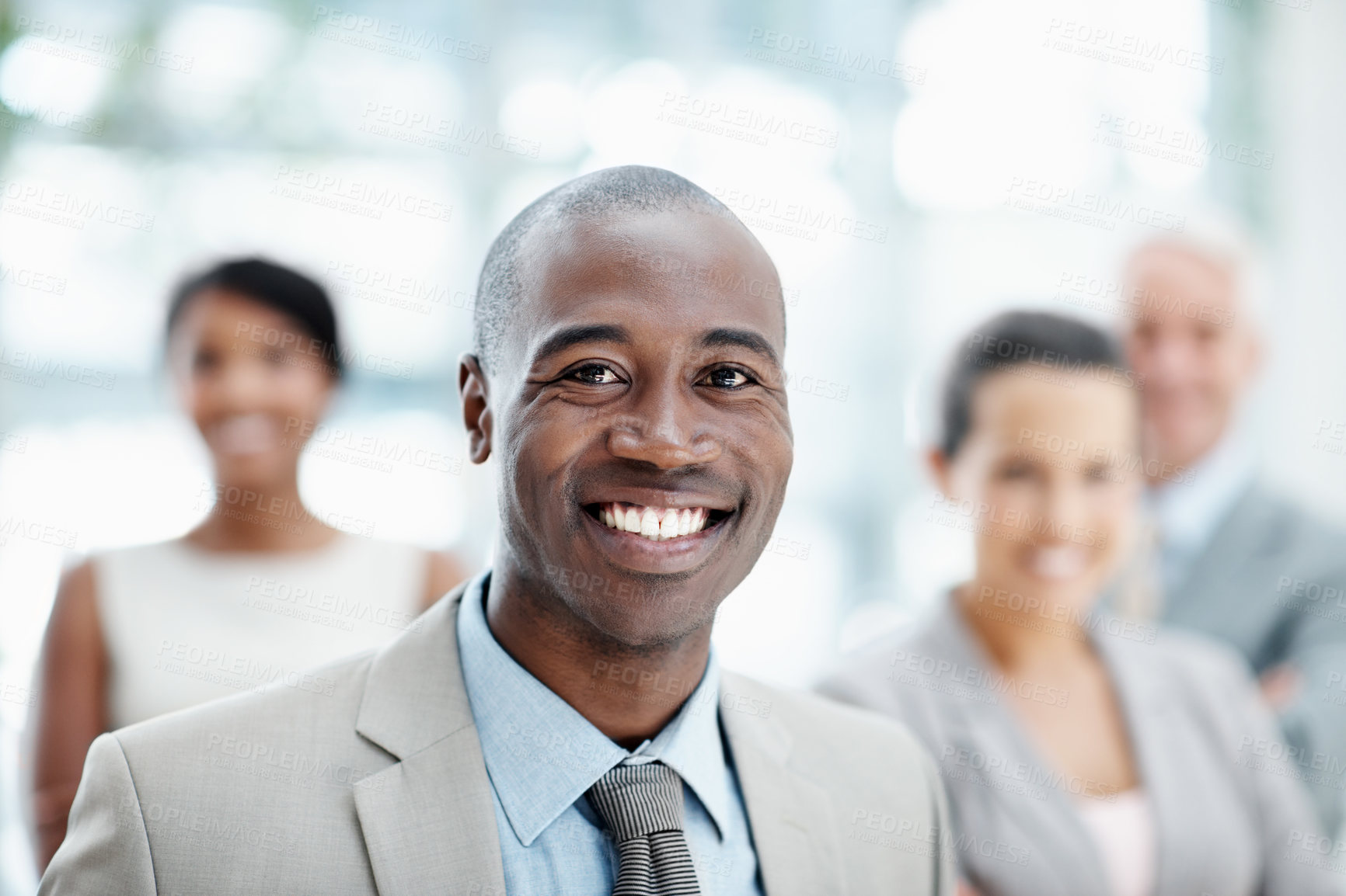 Buy stock photo Business, portrait and man in lobby with team for financial agency, career and investment opportunity. Corporate, colleagues and person for about us, company pride and ambition for finance consulting