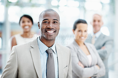 Buy stock photo Corporate, portrait and business woman in lobby with team for financial agency, career and opportunity. Happy, colleagues and person for about us, company pride and ambition for finance consulting