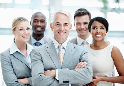 Buy stock photo Leader, portrait and business people with arms crossed in office, teamwork and financial development. Corporate company, group and solidarity with colleagues, smile and collaboration for project