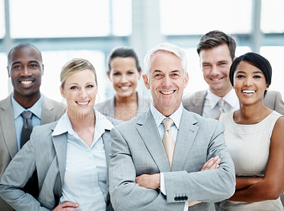 Buy stock photo Portrait, laugh and business people with arms crossed in office, teamwork and financial development. Corporate company, group and leader with colleagues, happy and collaboration for wealth management