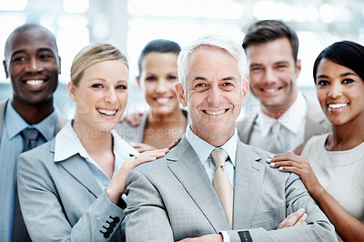 Buy stock photo Business, man and smile in office portrait for financial leadership, staff management or trust. Finance group, mature person or happy at firm for department support, corporate unity or about us pride