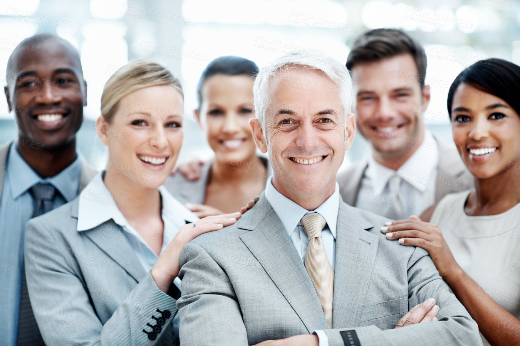 Buy stock photo Business, man and smile in office portrait for financial leadership, staff management or trust. Finance group, mature person or happy at firm for department support, corporate unity or about us pride