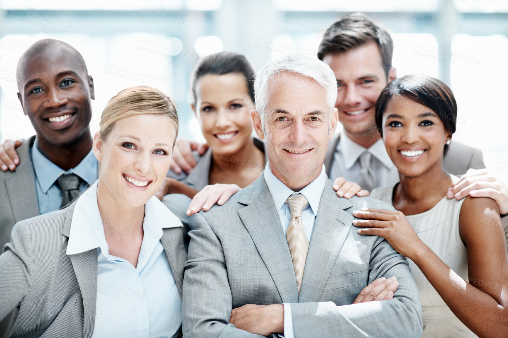 Buy stock photo Corporate, portrait and business people in office for team support, partnership and about us for insurance. Lobby, happy and men with woman for solidarity, trust and assurance for asset management