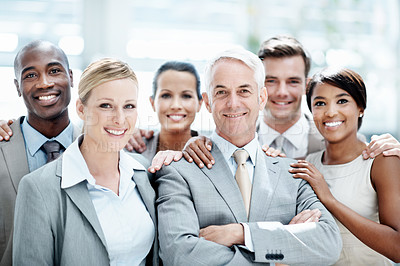 Buy stock photo Business, team and smile in corporate portrait for financial expertise, office community and trust. Finance group, people and happy together for accounting department, solidarity or budget experience