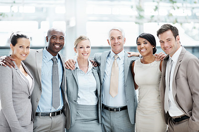 Buy stock photo Happy, portrait and business people in lobby for teamwork, partnership and about us for insurance. Professional, hug and men with woman for company pride, trust and solidarity for asset management