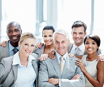 Buy stock photo Business, happy and portrait of people in lobby for team, solidarity and about us for insurance. Support, office and men with woman for company pride, collaboration and assurance for broker service