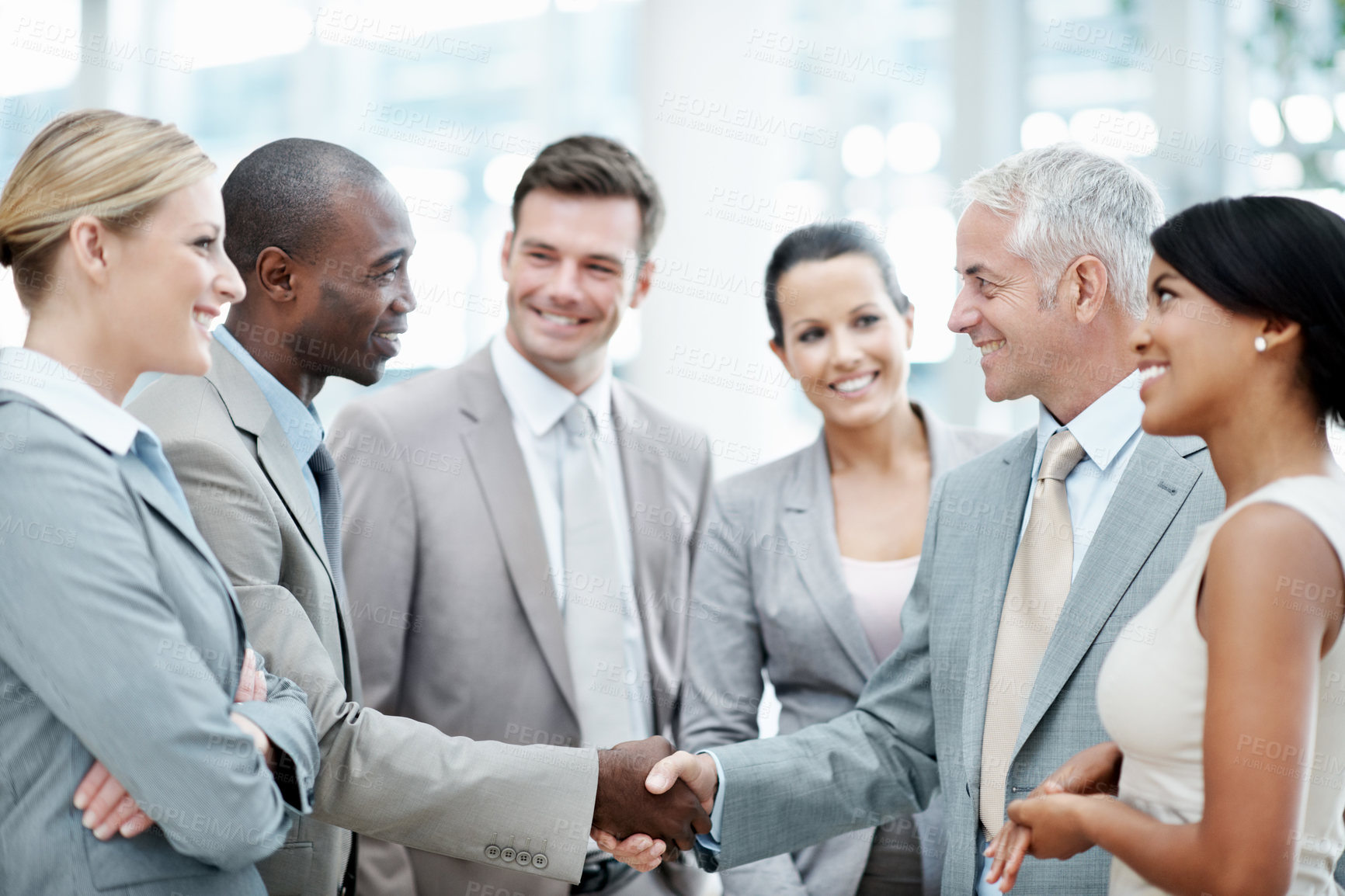 Buy stock photo Team, meeting and handshake with client in office, laughing or agreement for investment opportunity. Corporate, investor and shaking hands with happy people, collaboration and funding negotiation
