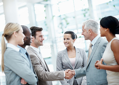 Buy stock photo Happy, business people and handshake with client in office, partnership and agreement for investment. Corporate, teamwork and shaking hands with investor, smile and meeting for funding opportunity