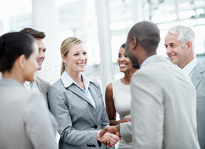 Buy stock photo Business people, laugh and handshake with client in meeting, discussion and agreement for investment. Corporate, teamwork and shaking hands with investor, partnership or happy for funding opportunity