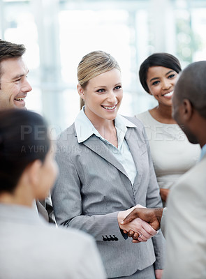 Buy stock photo HR, team and woman with handshake in office for job success, finance vacancy or welcome. Recruiter, happy and shaking hands with candidate in meeting for financial intern, offer or company onboarding