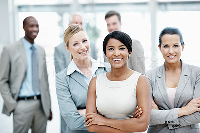 Buy stock photo Business, woman and smile with team in office for financial expertise, tax professionals and pride. Finance group, people and happy at work for accounting department, about us and budget experience