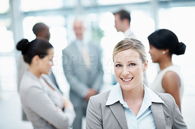 Buy stock photo Happy, portrait and business woman in lobby with team for financial agency, career and opportunity. Corporate, colleagues and person for about us, company pride and ambition for finance consulting
