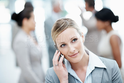Buy stock photo Businesswoman, phone call and thinking with smile in office, wealth management and chat with contact. Happy, financial advisor and person with mobile, listening and investment update in business