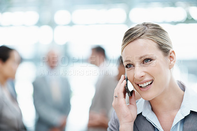 Buy stock photo Businesswoman, phone call and listening with smile in office, wealth management or chat with contact. Laughing, financial advisor and happy person with mobile, talk and investment update in business