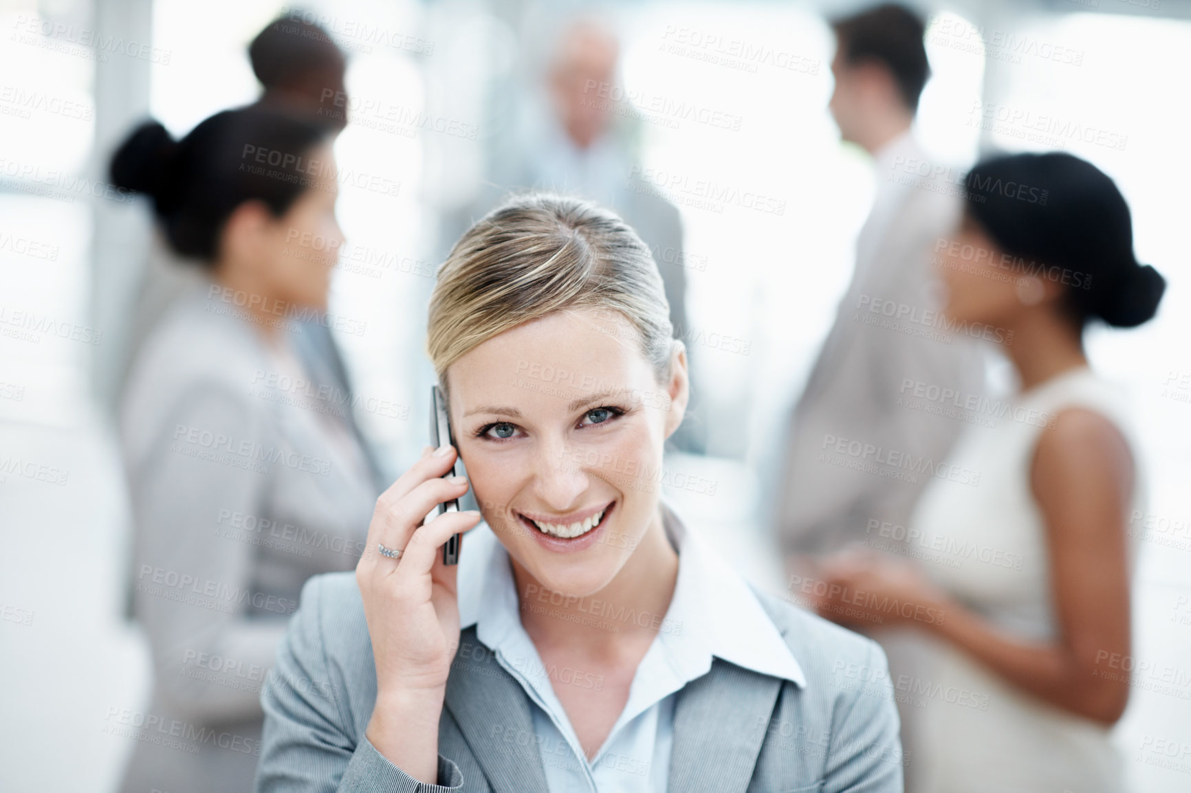 Buy stock photo Portrait, phone call and happy woman in office, chat and financial advice for contact or discussion. Laughing, wealth manager and person with mobile, communication and investment update in business