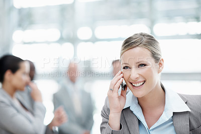 Buy stock photo Businesswoman, phone call and chat with smile in office, wealth management and listening to contact. Laughing, financial advisor and happy person with mobile, talk and investment update in business