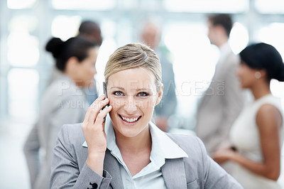 Buy stock photo Portrait, phone call and happy woman in office, listening and financial advice for contact and chat. Laughing, wealth manager and person with mobile, communication and investment update in business