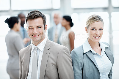 Buy stock photo Happy, business people and smile with portrait for finance ambition, corporate development or about us. Accountant, man and woman with confidence, investment consultant and asset management in office