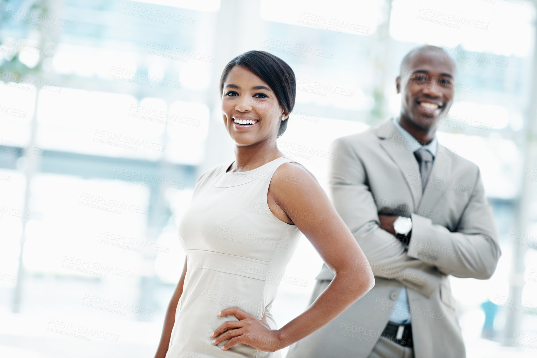 Buy stock photo Happy, business people and smile with portrait for about us, corporate space and finance ambition. Accountant, man and woman with confidence, investment consultant and asset management in office