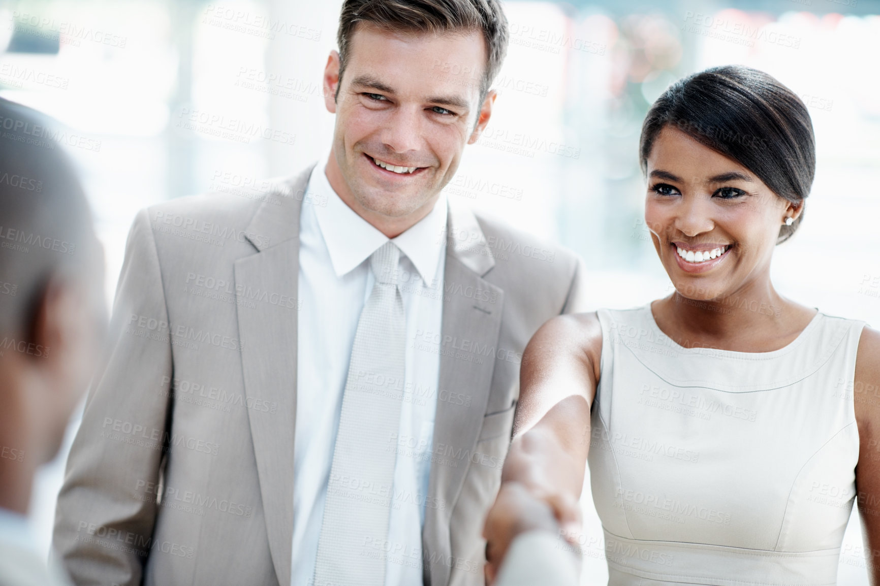 Buy stock photo HR, people and happy with handshake in interview for job success, finance vacancy or welcome. Meeting, hiring team or shaking hands with candidate in office for financial intern, offer or recruitment