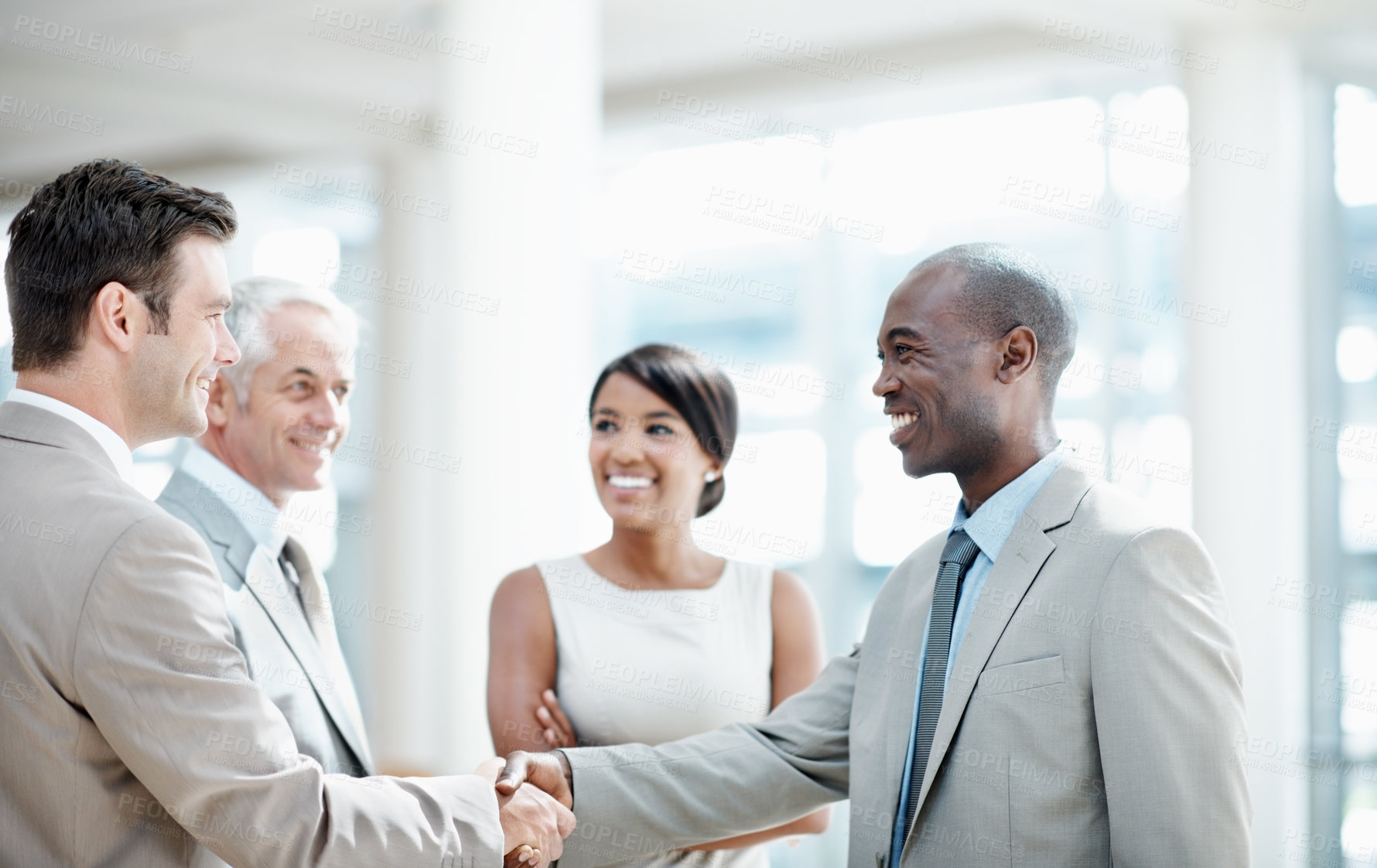 Buy stock photo Happy, team and handshake with client in office, thank you and agreement for investment opportunity. Corporate, investor and shaking hands with business people, collaboration and funding negotiation