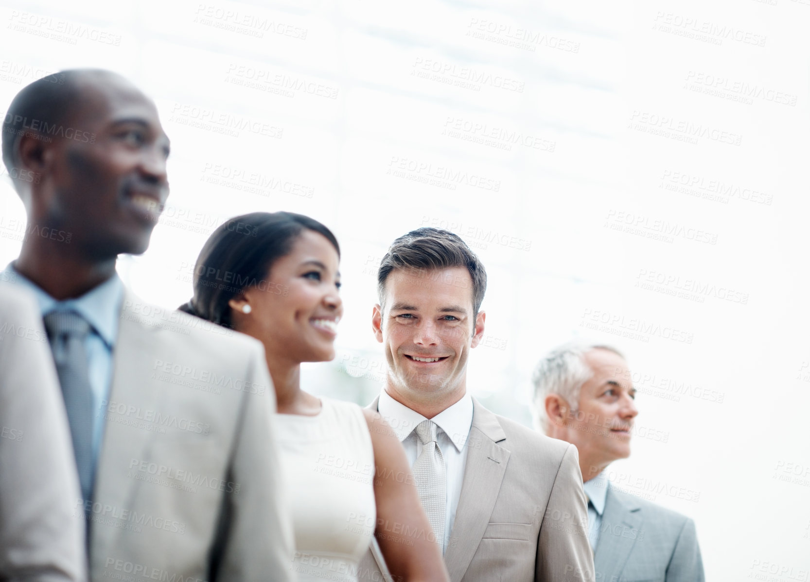 Buy stock photo Row, man and smile with team in business for legal counsel, legislation service or about us. Corporate space, lawyers and happy portrait in line for solicitor, career integrity or case representation