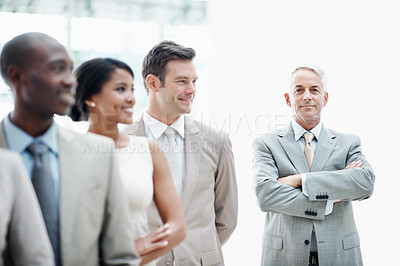Buy stock photo Mature, businessman and portrait with team in lobby for career, about us or financial conference. Consultant, group and proud finance advisor in office with ambition, corporate event or opportunity