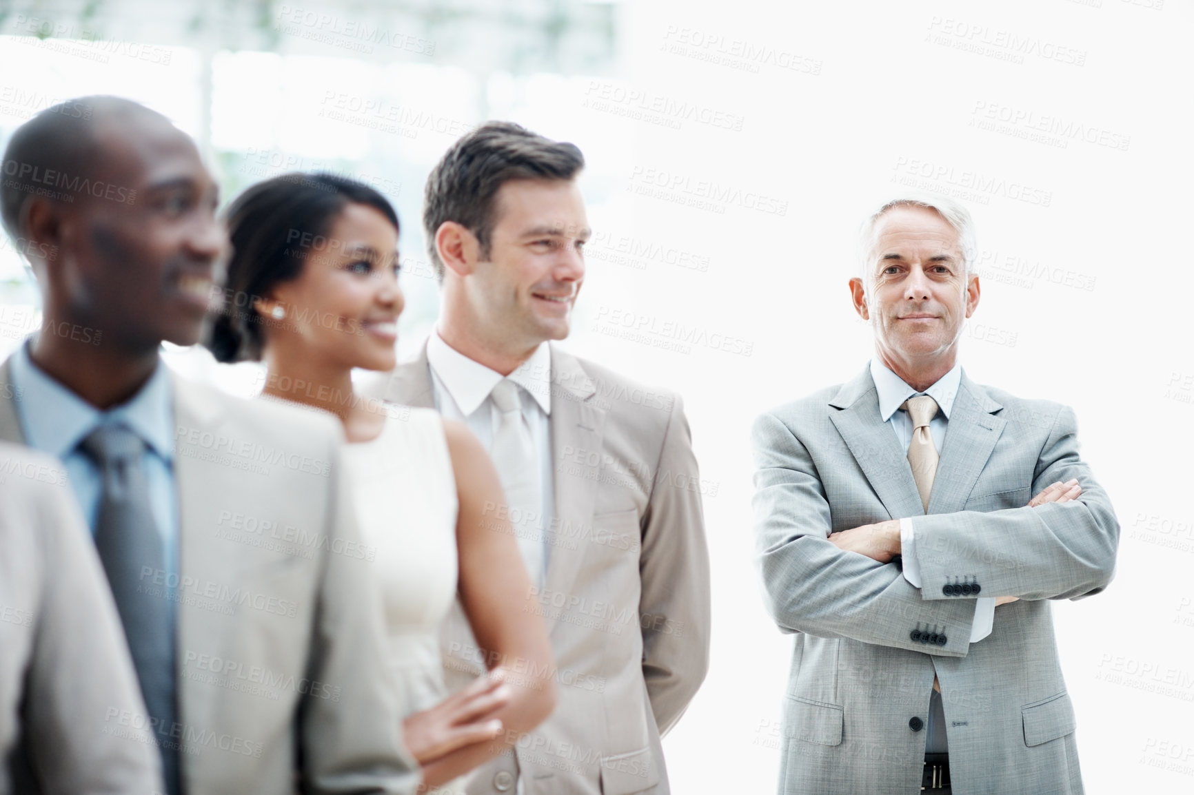 Buy stock photo Mature, businessman and portrait with team in lobby for career, about us or financial conference. Consultant, group and proud finance advisor in office with ambition, corporate event or opportunity