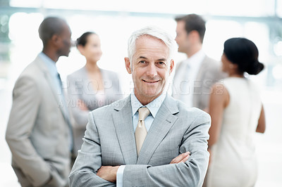 Buy stock photo Pride, portrait or man in office with arms crossed, investment advisor or career in finance agency. Happy, business or mature risk manager with confidence, opportunity or about us as asset consultant