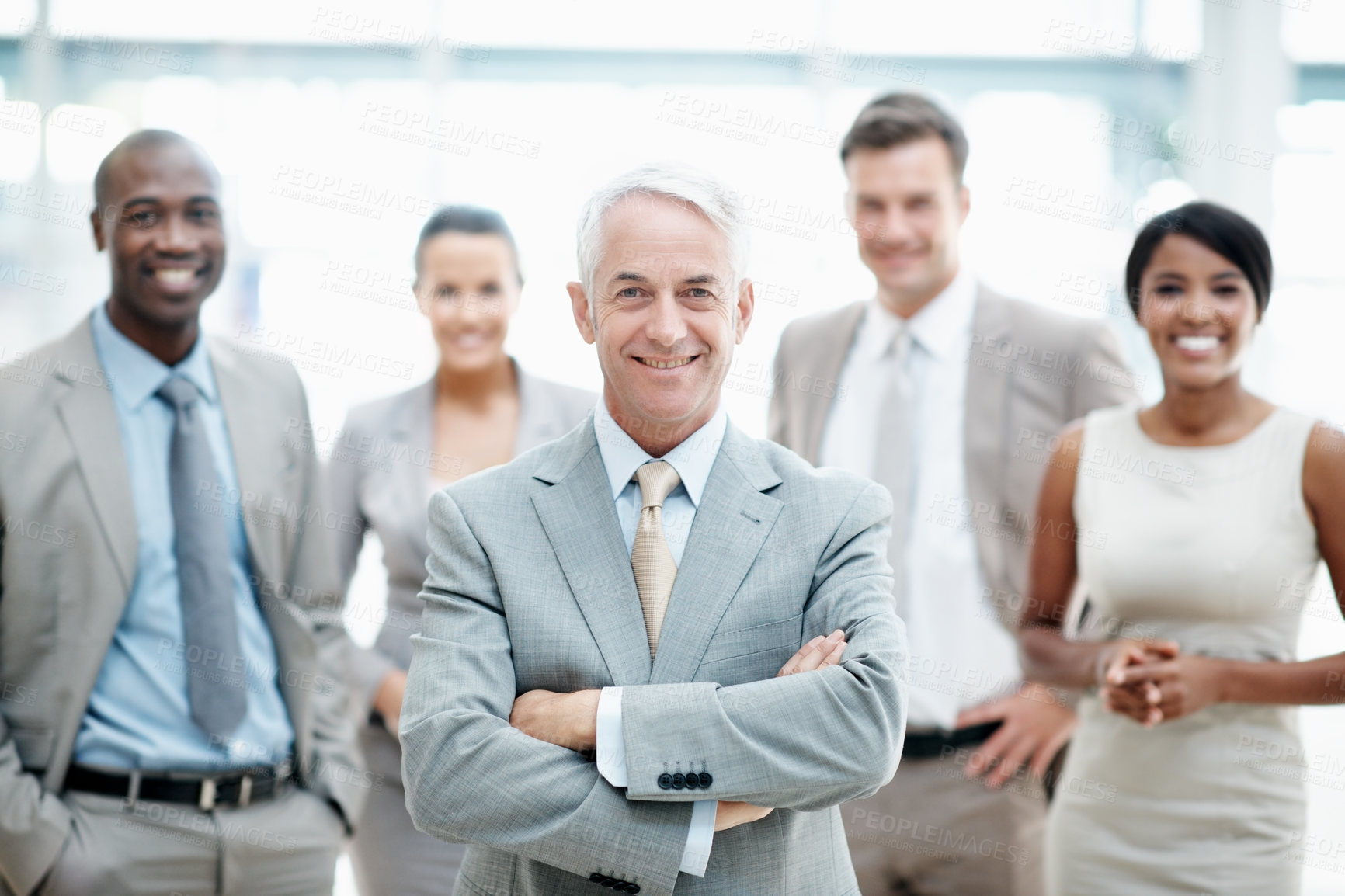 Buy stock photo Group, portrait and leader with arms crossed in office, confident or team with financial development. Corporate, business people and solidarity with colleagues, happy and collaboration for project