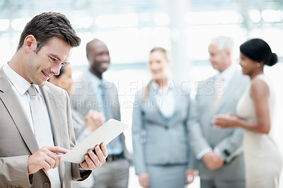 Buy stock photo Team, lobby and business man on tablet for finance review, research and investment opportunity. Corporate, office and person on digital tech for trading news, budget planning and financial report