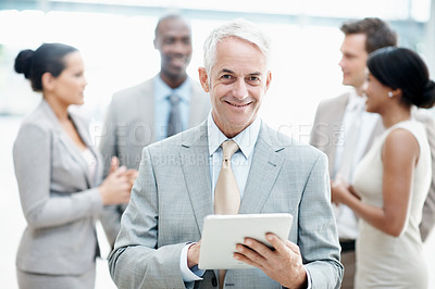 Buy stock photo Portrait, leader and businessman with tablet in office, accountant and pride for career development. Happy, financial advisor and mature person with team, info or research with technology in business