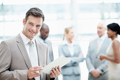 Buy stock photo Businessman, portrait and research with tablet in office, accountant and confident for career growth. Happy, financial advisor and person with smile, online and pride with technology in business