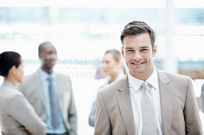 Buy stock photo Business, portrait or man in office with smile, investment advisor or pride in finance agency. Happy, director or risk manager with confidence, funding planner or about us as asset consultant.
