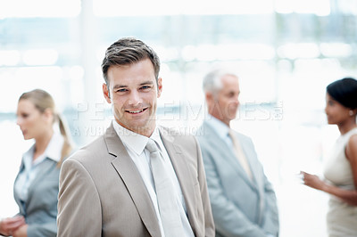 Buy stock photo Business, portrait or man in firm with smile, investment advisor or pride in finance agency. Happy, director or risk manager in office with confidence, funding planner or about us as asset consultant