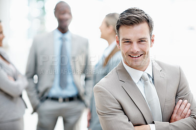 Buy stock photo Ambition, portrait or man in office with arms crossed, investment advisor or pride in finance agency. Happy, director or risk manager with confidence, funding planner or about us as asset consultant.