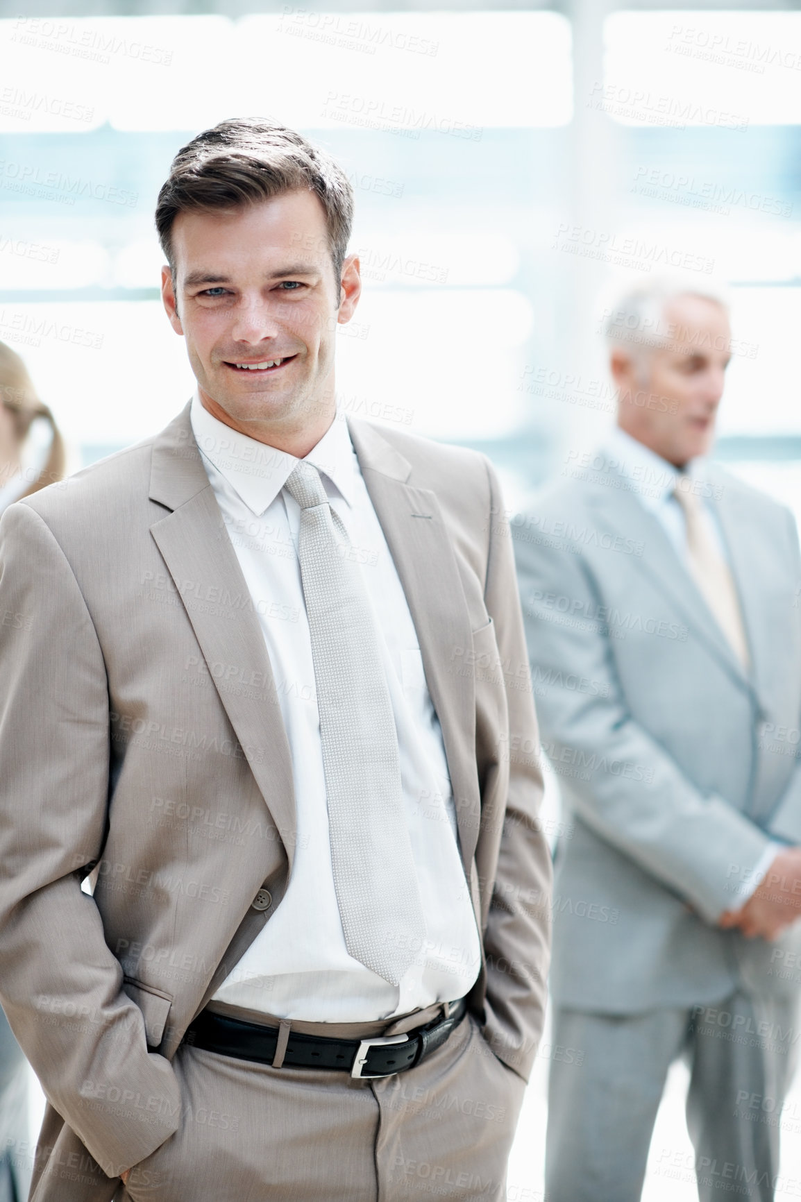 Buy stock photo Happy, portrait and business man in lobby for about us, pride and confidence at investment agency. Corporate, professional and person in office for finance career, ambition and job opportunity