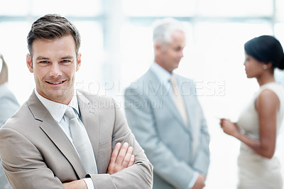 Buy stock photo Business, portrait or man in office with arms crossed, investment advisor or pride in finance agency. Happy, director or risk manager with confidence, funding planner or about us as asset consultant.