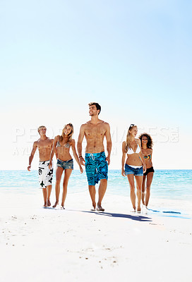 Buy stock photo Walking, waves and friends at beach for summer vacation, holiday and weekend together for hangout. Happy, blue sky and women with men by ocean for freedom, island adventure and travel with space