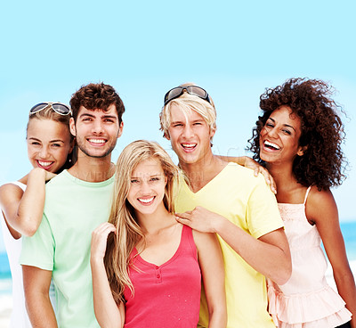 Buy stock photo Smile, portrait and travel with friends at beach for summer vacation, bonding and happy together. Tropical getaway, tourism and weekend break with group of people outdoor for social reunion and trip