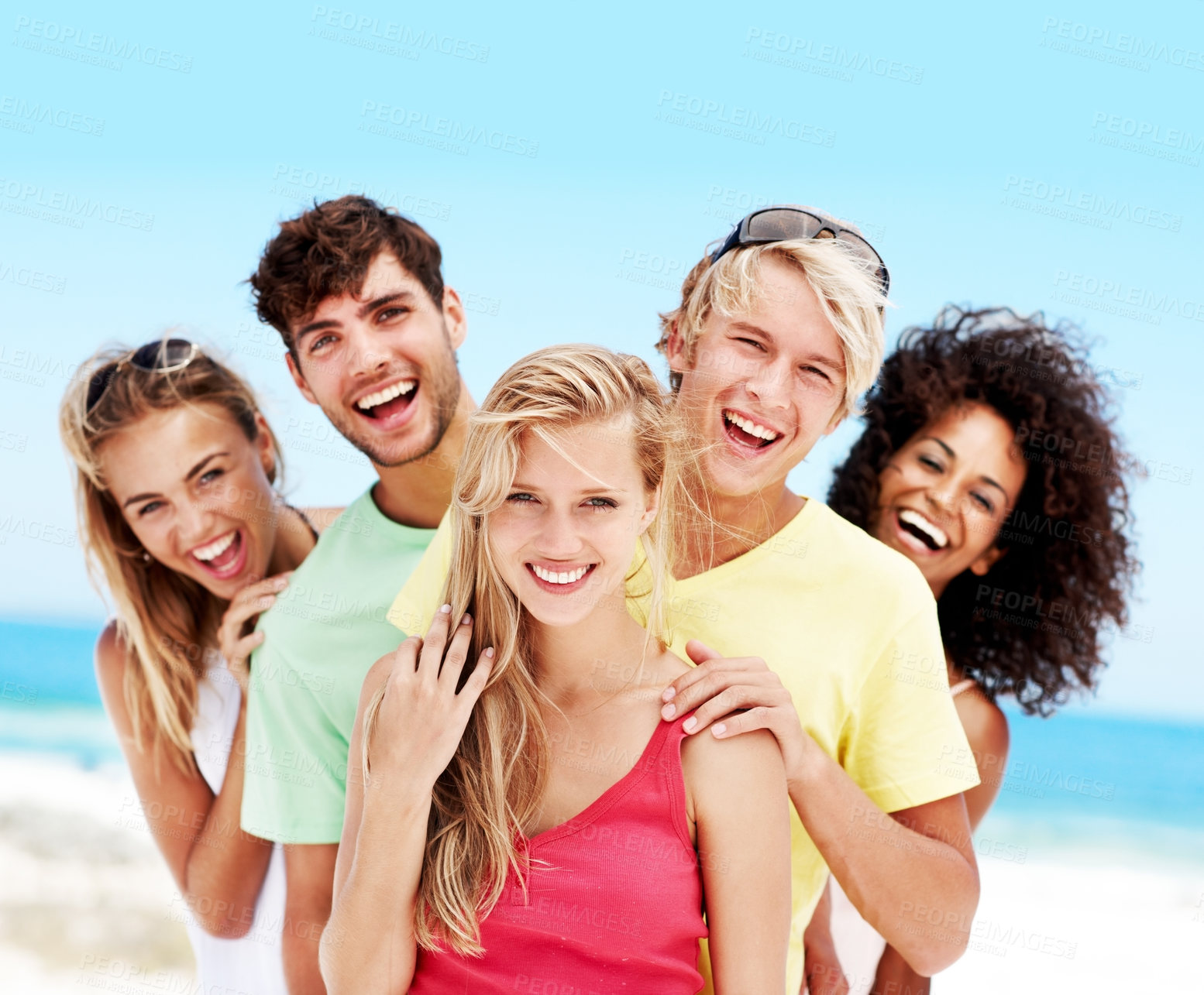 Buy stock photo Joke, portrait and travel with friends at beach for summer vacation, bonding or smile together. Tropical getaway, tourism and weekend break with group of people laughing  outdoor for social gathering