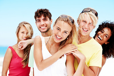 Buy stock photo Laugh, portrait and travel with friends at beach for summer vacation, bonding and smile together. Tropical getaway, tourism and weekend break with group of people outdoor for social reunion and trip