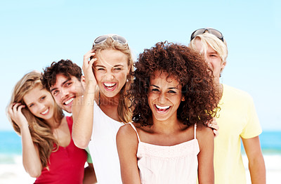 Buy stock photo Laughing, travel and portrait of friends at beach for summer  vacation, adventure and social gathering. Happiness, tropical getaway and holiday with group of people outdoor for connection and tourism